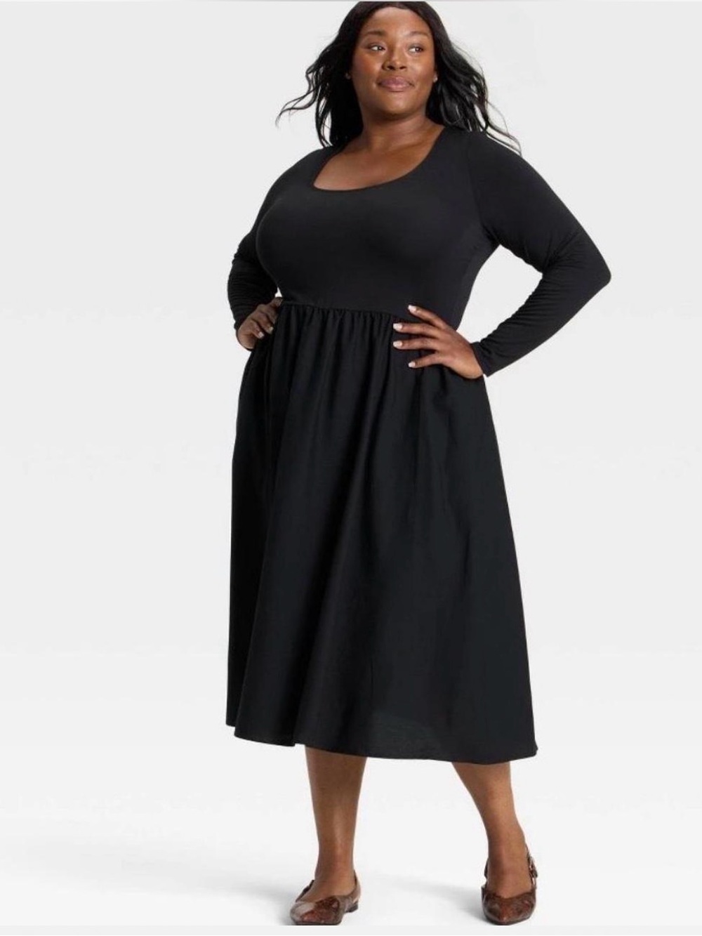 Plus Size Black Long Sleeve Scoop Neck Midi Dress Size 1X